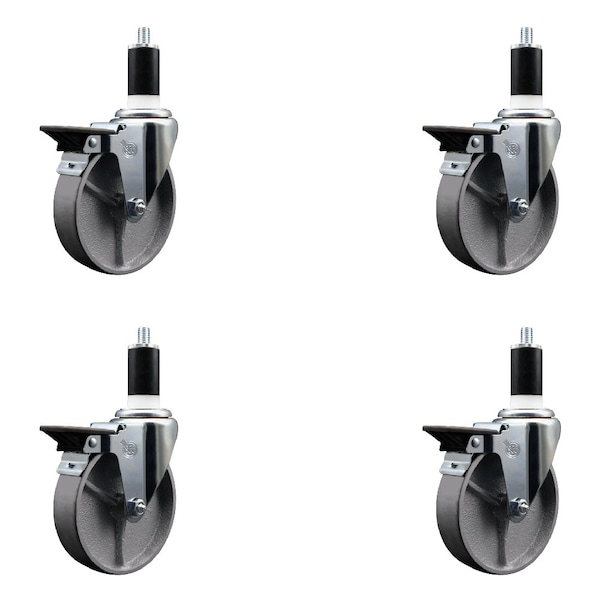 5'' Semi Steel Swivel 1-3/8'' Expanding Stem Caster Set with Brake, 4PK